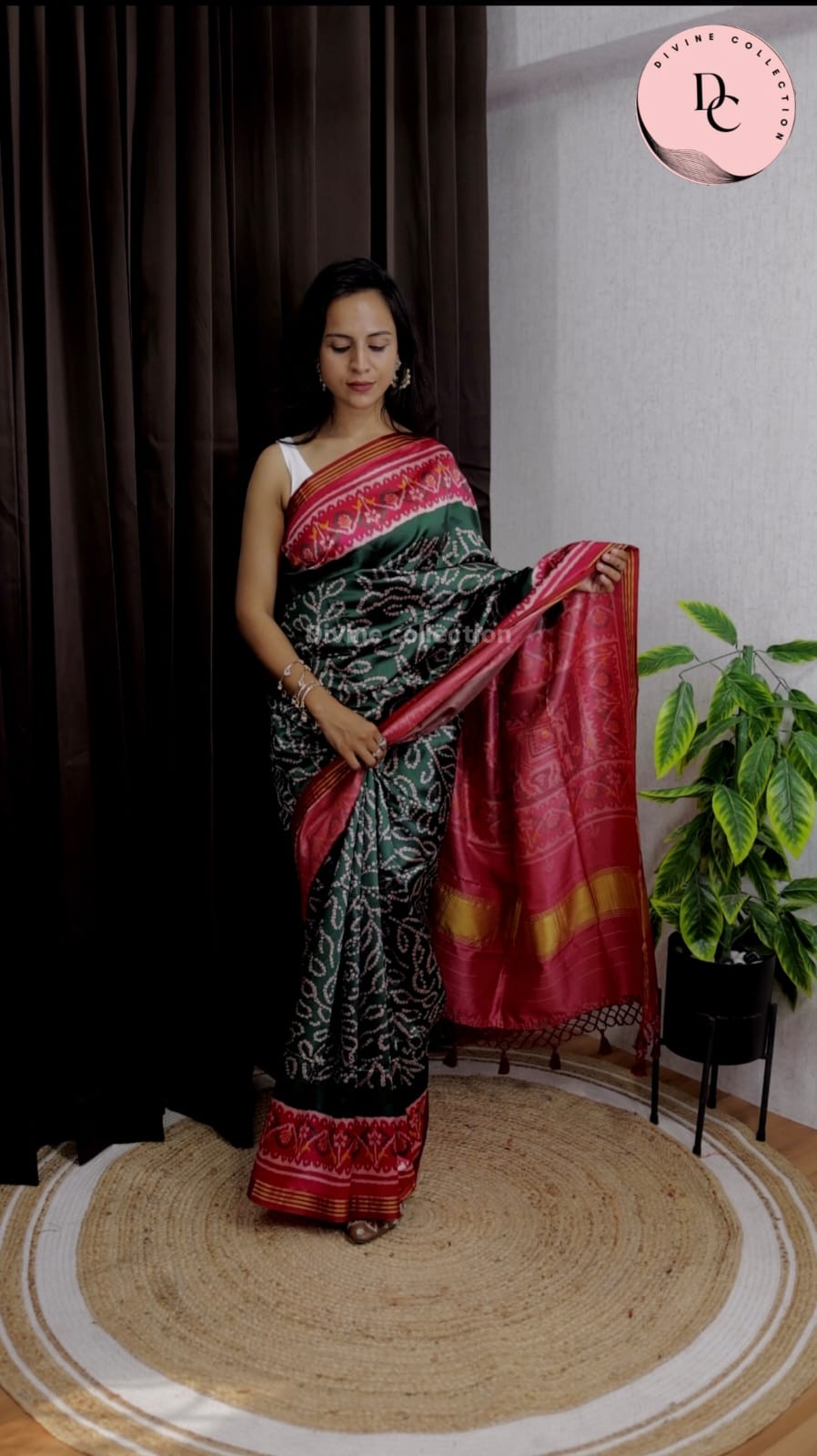 Green & Pink Patola Bandhej Saree