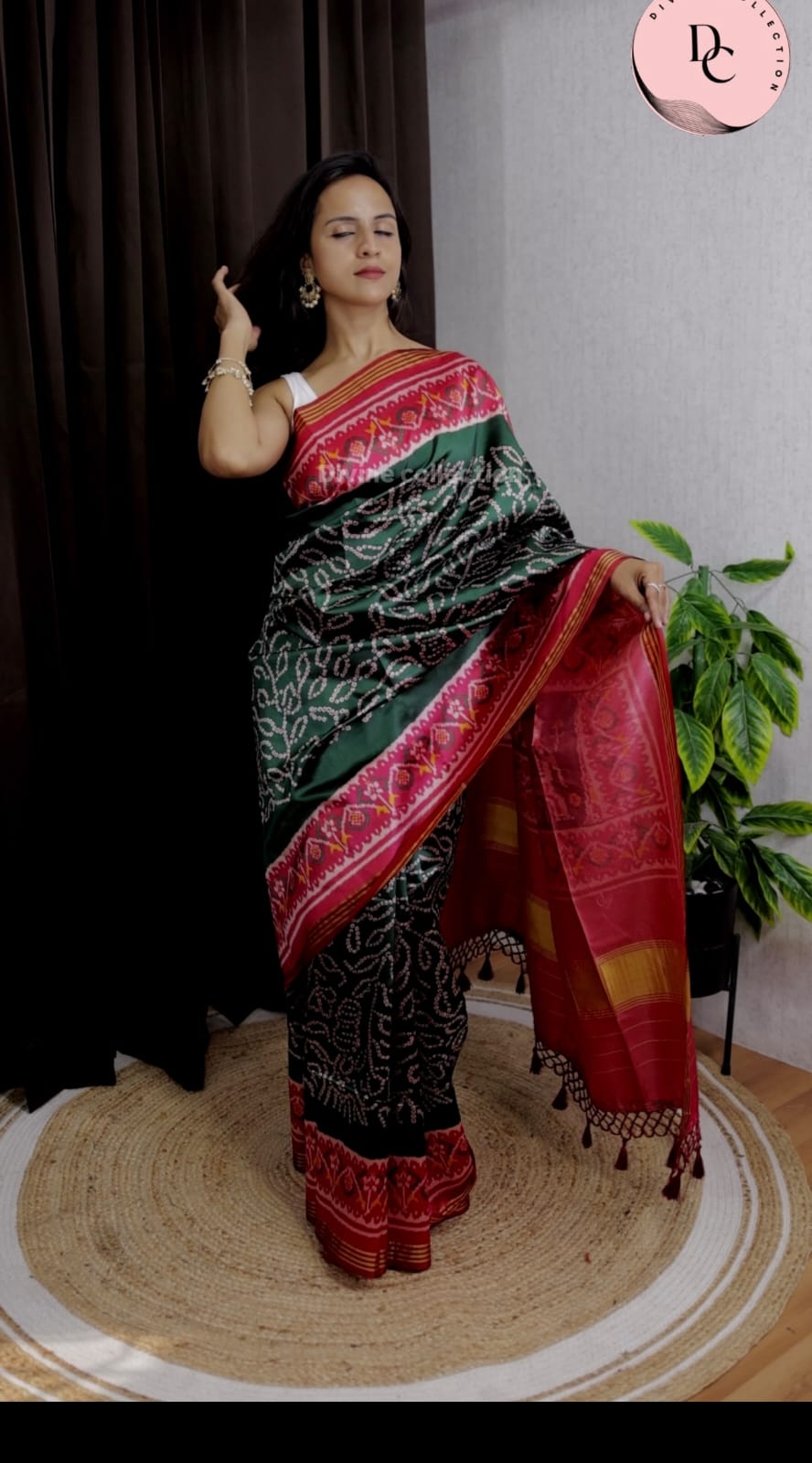 Green & Pink Patola Bandhej Saree