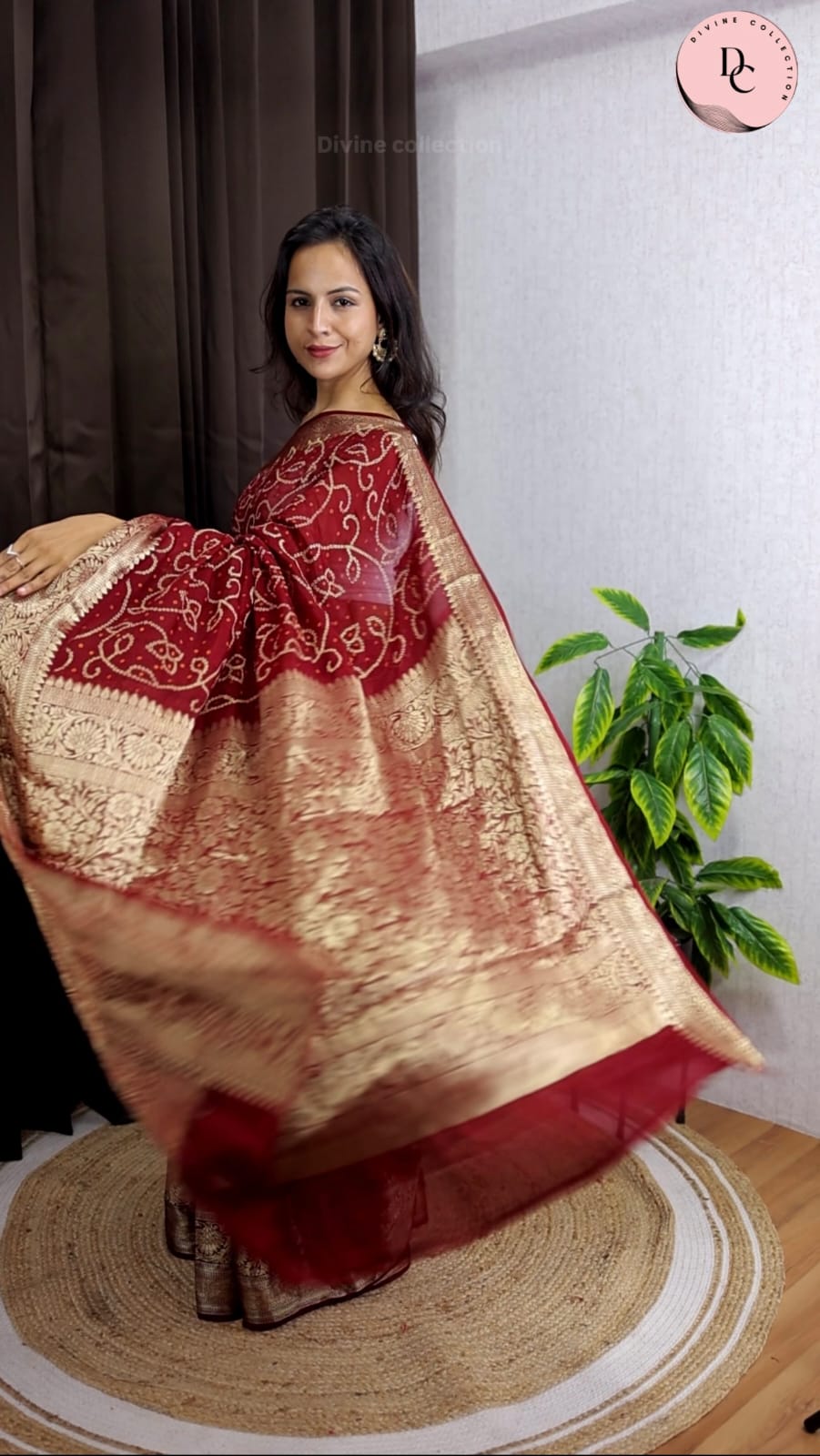 Maroon Kanjivaram Bandhani Saree