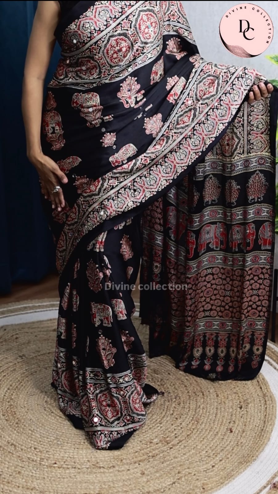 Royal Black Gaji Silk Elephant ajarak saree
