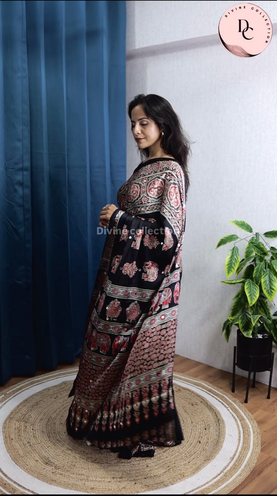 Royal Black Gaji Silk Elephant ajarak saree