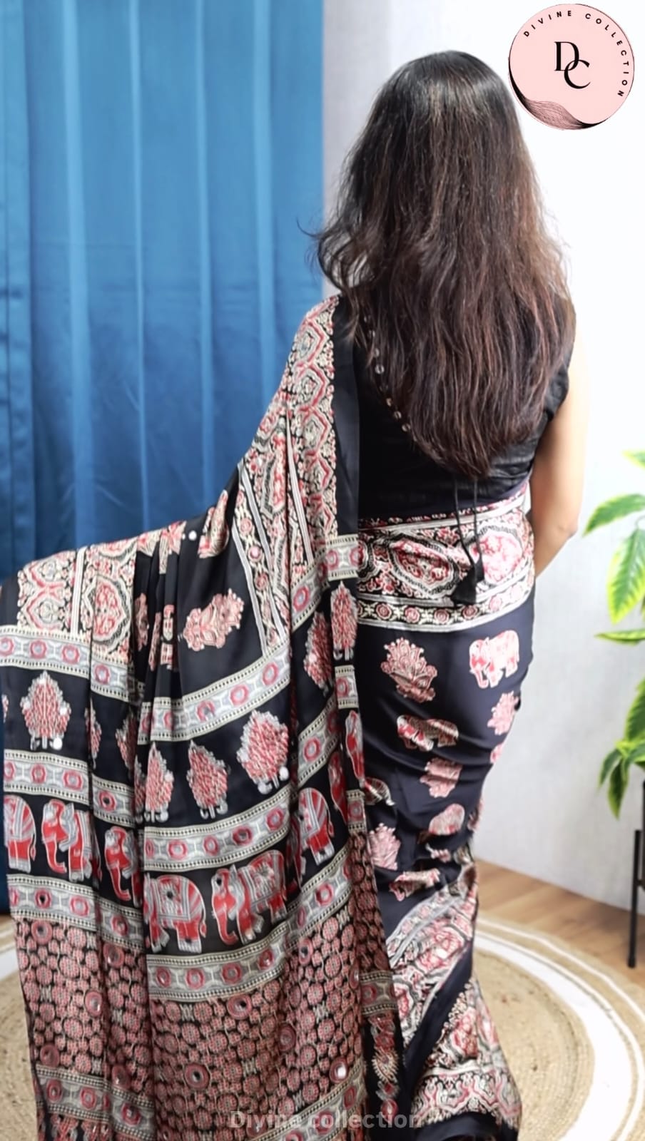 Royal Black Gaji Silk Elephant ajarak saree